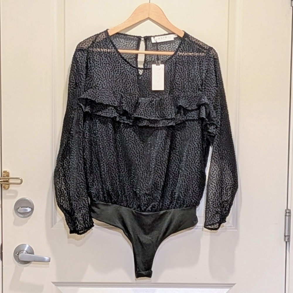 NWT ASTR the Label M Sheer Green Flocked Ruffle Bodysuit